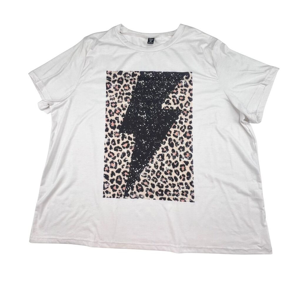 SHEIN 4XL White Graphic Tee Lightning Bolt Leopard Print Rocker Grunge Style Top